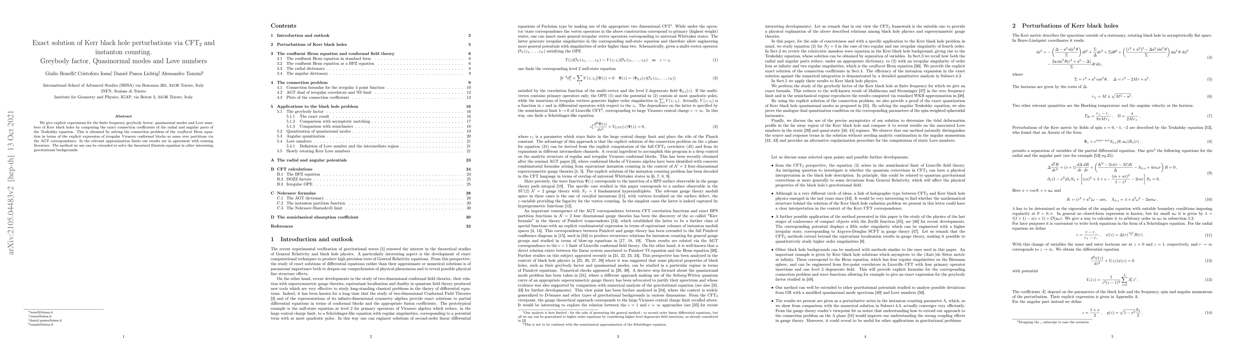 Thumbnail for Exact solution of Kerr black hole perturbations via CFT$_2$ and
  instanton counting. Greybody factor, Quasinormal modes and Love numbers