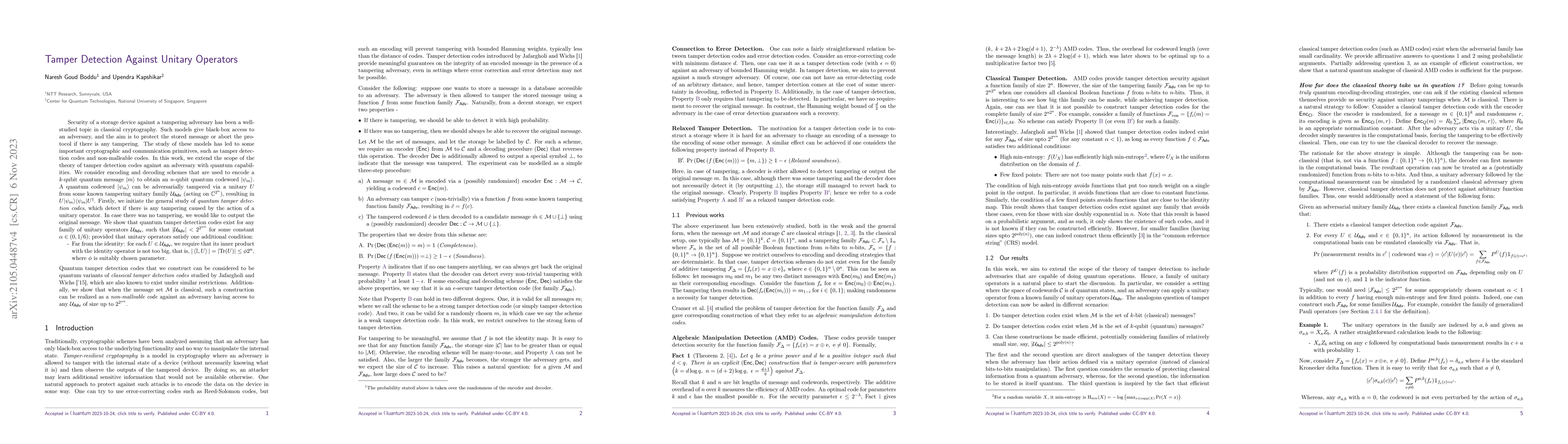 Thumbnail for Tamper Detection against Unitary Operators