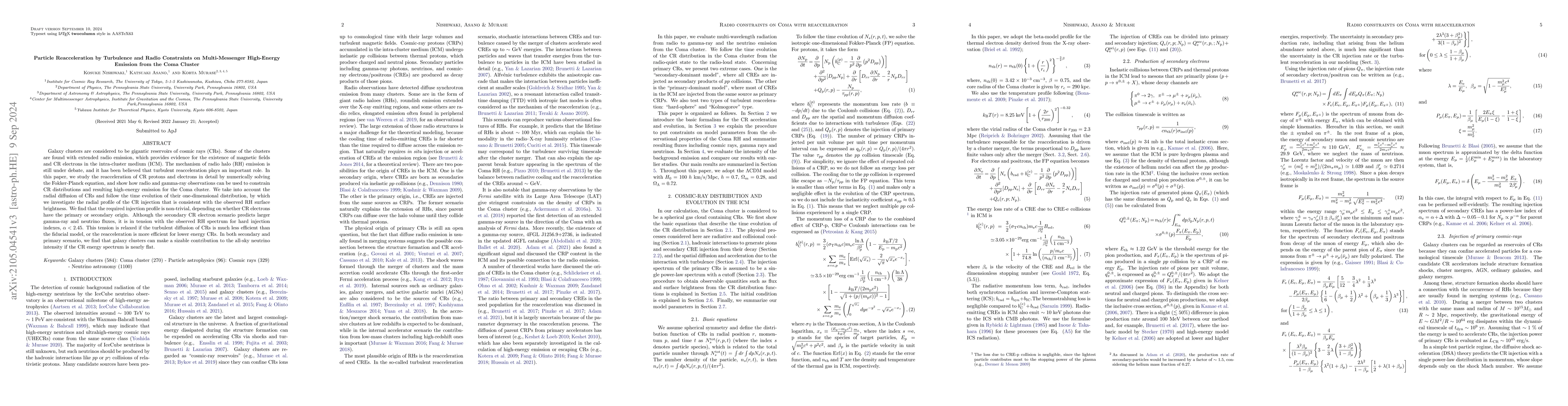 Thumbnail for Particle Reacceleration by Turbulence and Radio Constraints on
  Multi-Messenger High-Energy Emission from the Coma Cluster