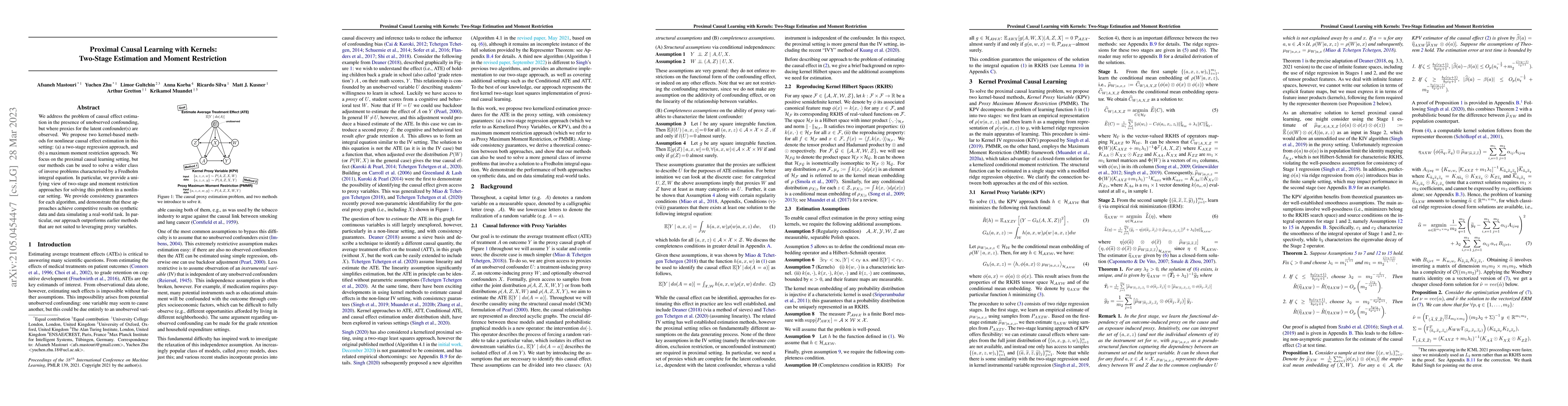 Thumbnail for Proximal Causal Learning with Kernels: Two-Stage Estimation and Moment
  Restriction