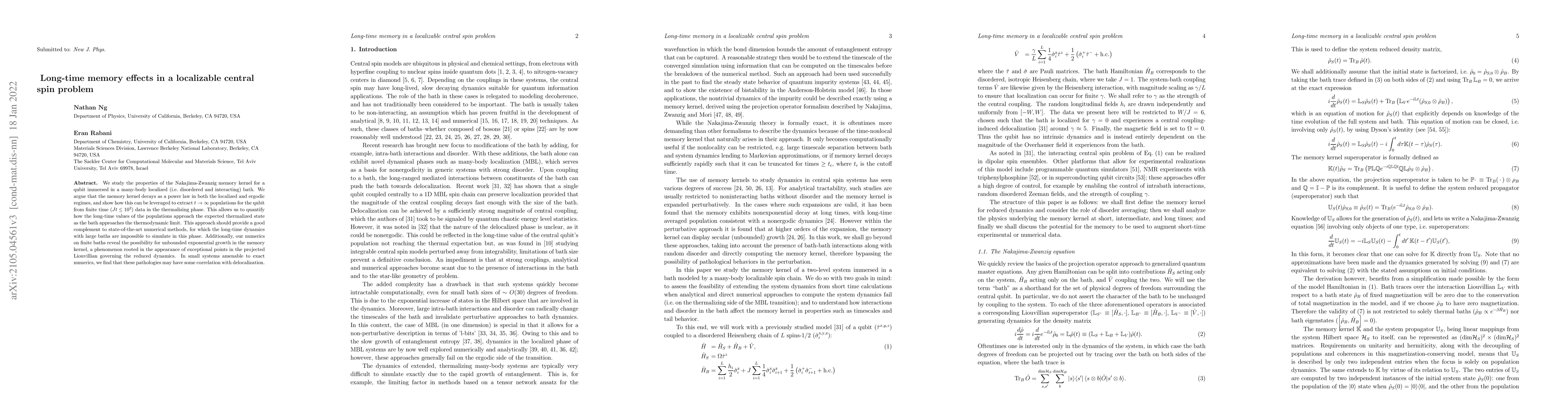 Thumbnail for Long-time memory effects in a localizable central spin problem