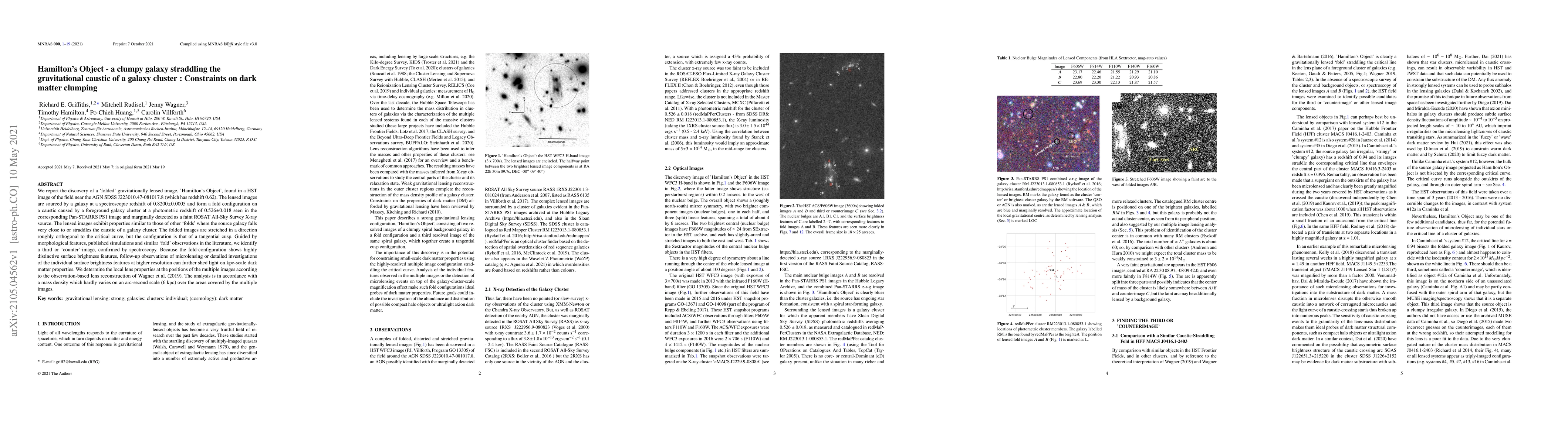 Thumbnail for Hamilton's Object -- a clumpy galaxy straddling the gravitational
  caustic of a galaxy cluster : Constraints on dark matter clumping