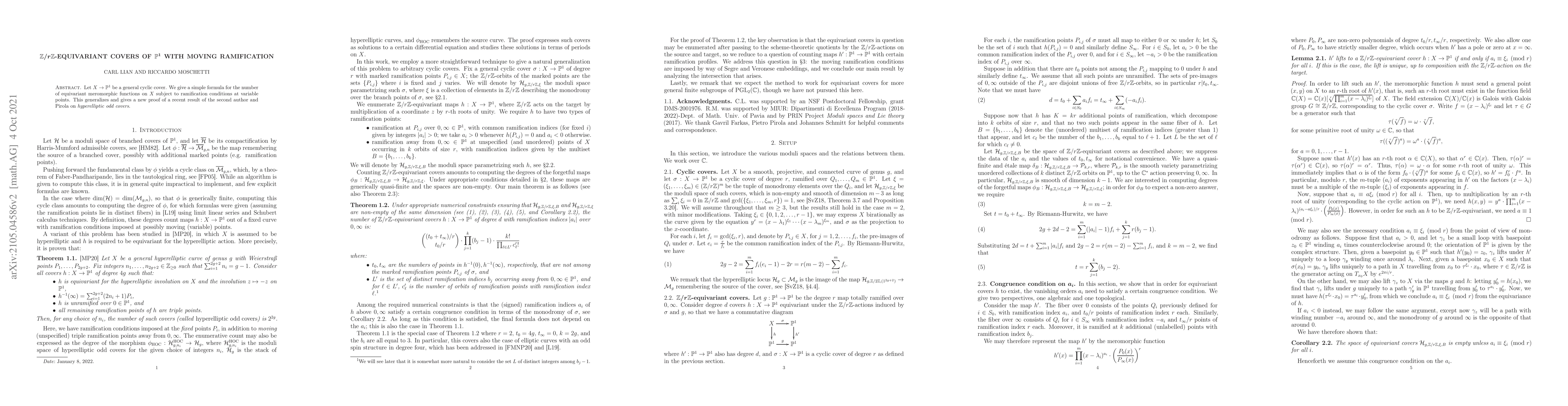 Thumbnail for Z/rZ-equivariant covers of P^1 with moving ramification