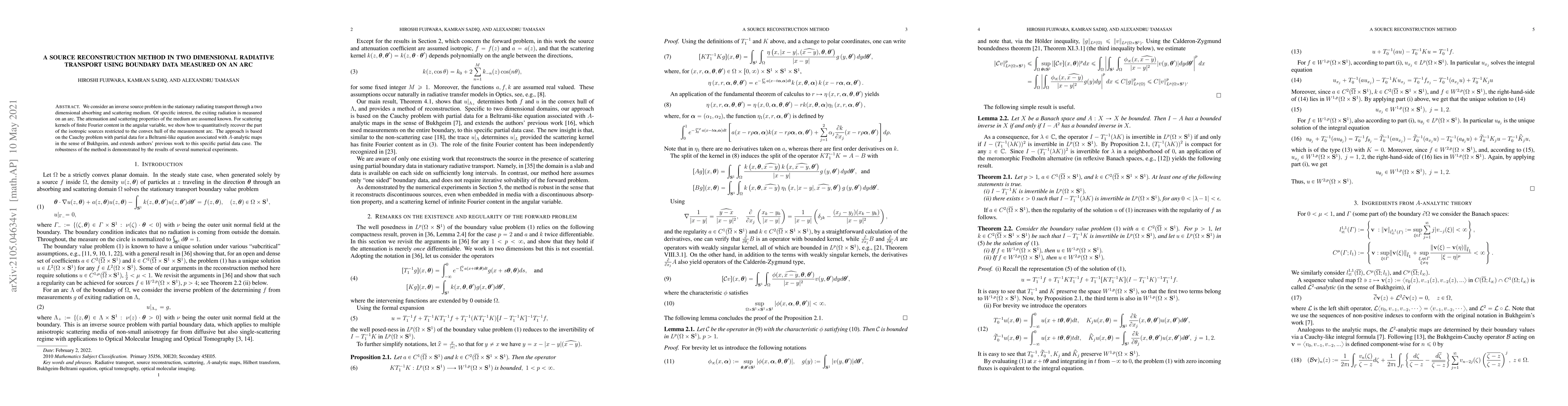 Thumbnail for A source reconstruction method in two dimensional radiative transport
  using boundary data measured on an arc
