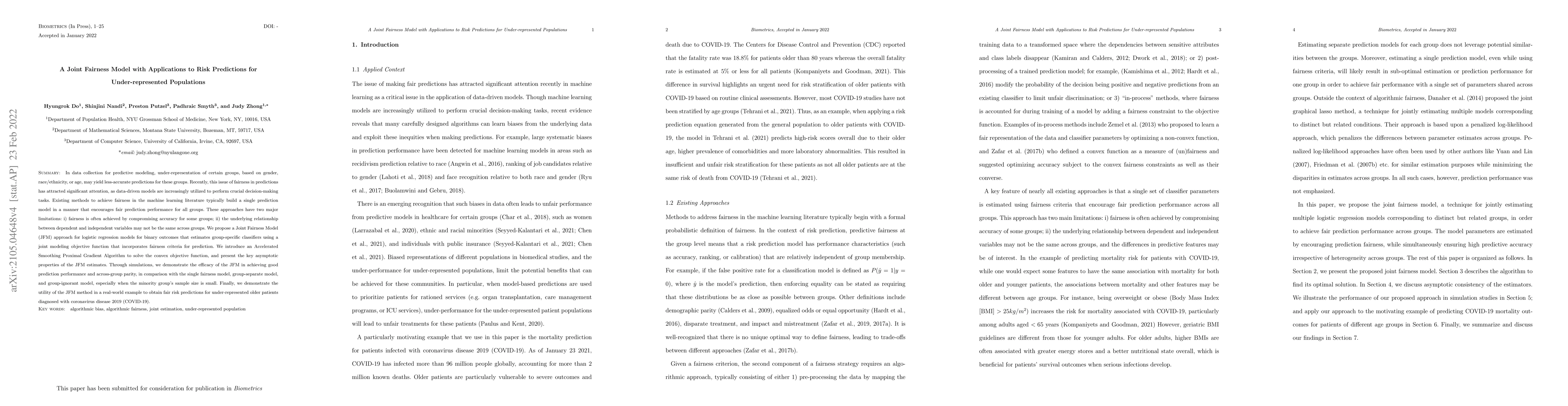 Thumbnail for Joint Fairness Model with Applications to Risk Predictions for
  Under-represented Populations