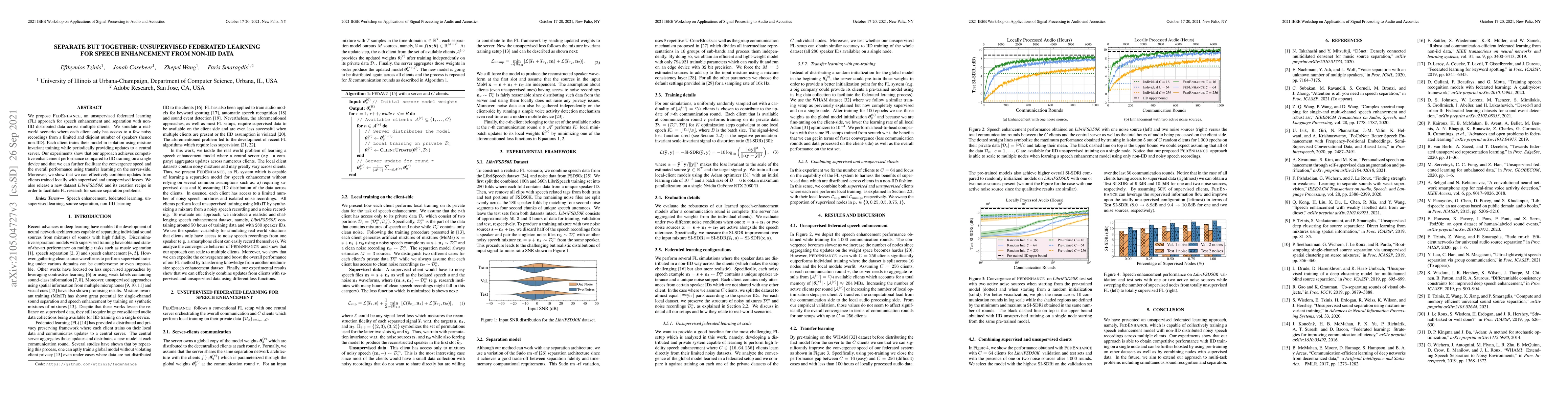 Thumbnail for Separate but Together: Unsupervised Federated Learning for Speech
  Enhancement from Non-IID Data