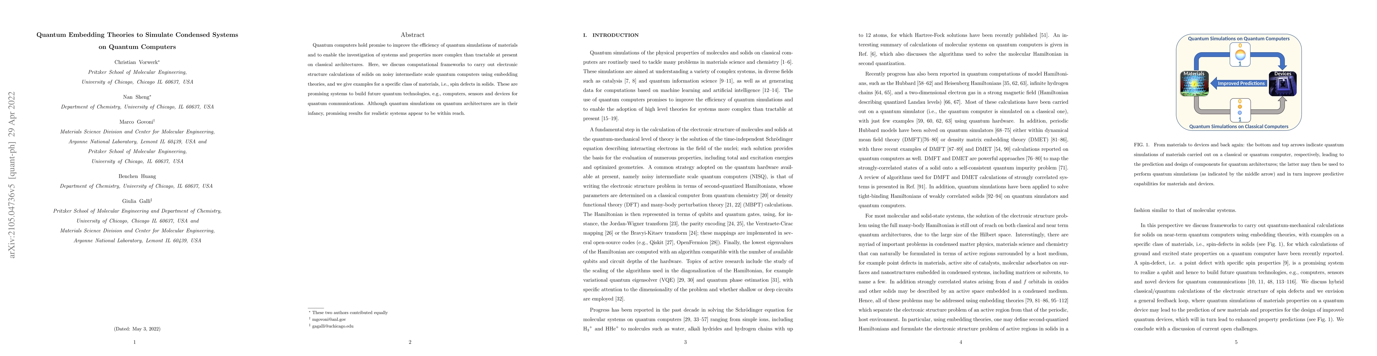 Thumbnail for Quantum Embedding Theories to Simulate Condensed Systems on Quantum
  Computers