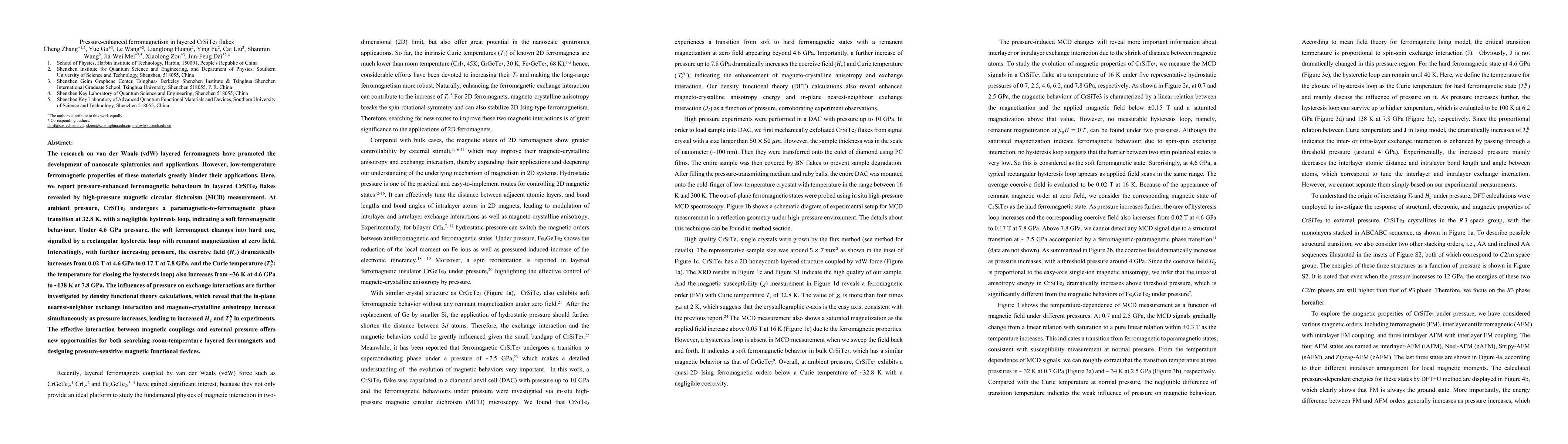 Thumbnail for Pressure-enhanced ferromagnetism in layered CrSiTe3 flakes
