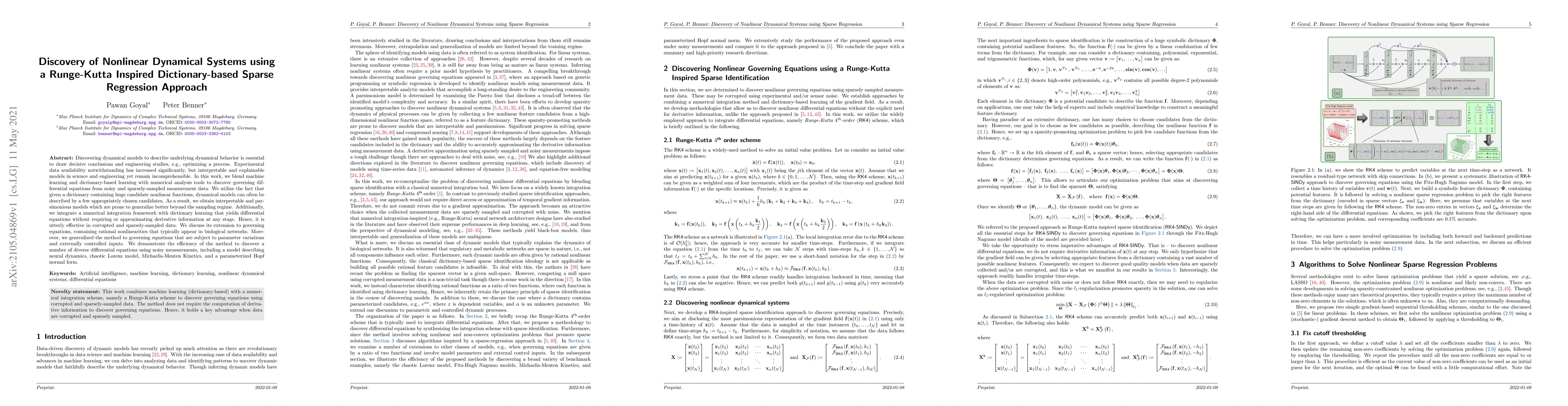 Thumbnail for Discovery of Nonlinear Dynamical Systems using a Runge-Kutta Inspired
  Dictionary-based Sparse Regression Approach
