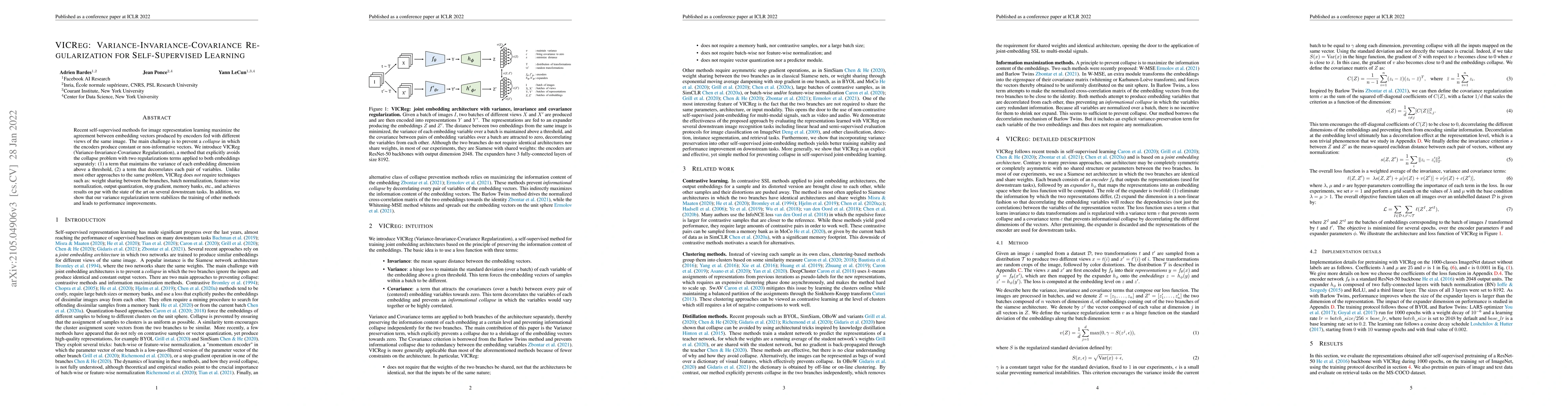 Thumbnail for VICReg: Variance-Invariance-Covariance Regularization for
  Self-Supervised Learning