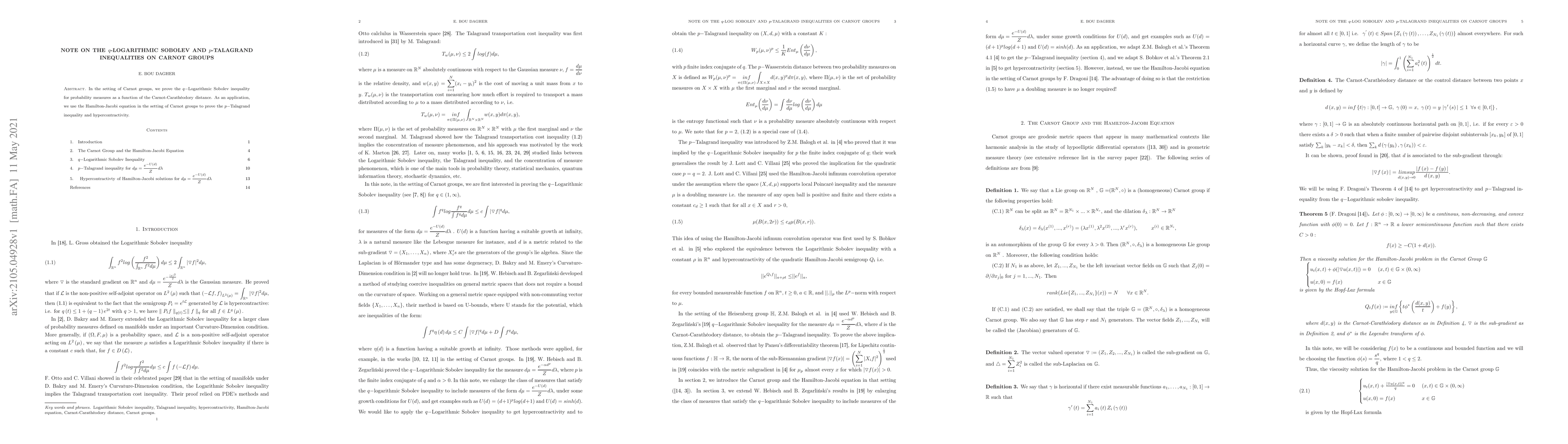 Thumbnail for Note on the $q$-Logarithmic Sobolev and $p$-Talagrand Inequalities on
  Carnot Groups