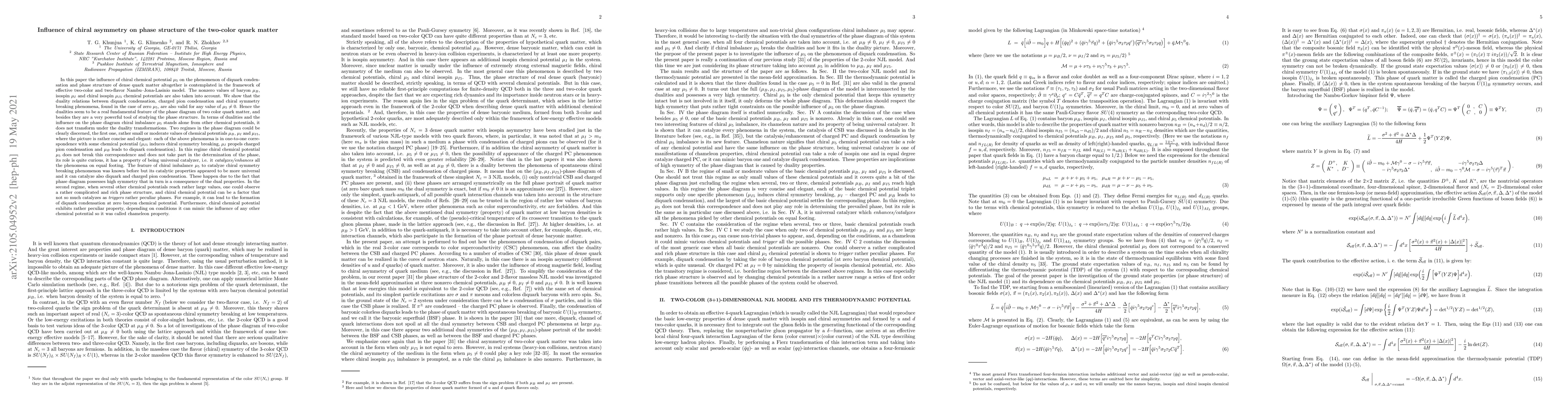 Thumbnail for Influence of chiral asymmetry on phase structure of the two-color quark
  matter