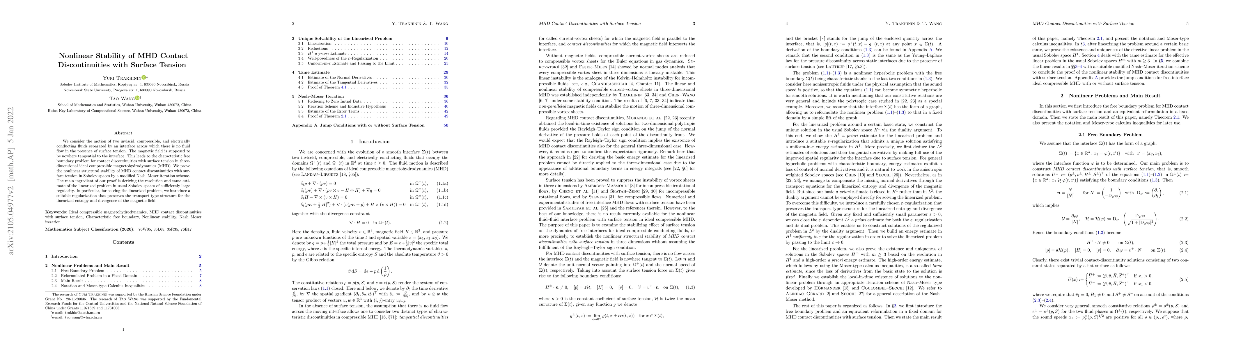 Thumbnail for Nonlinear Stability of MHD Contact Discontinuities with Surface Tension