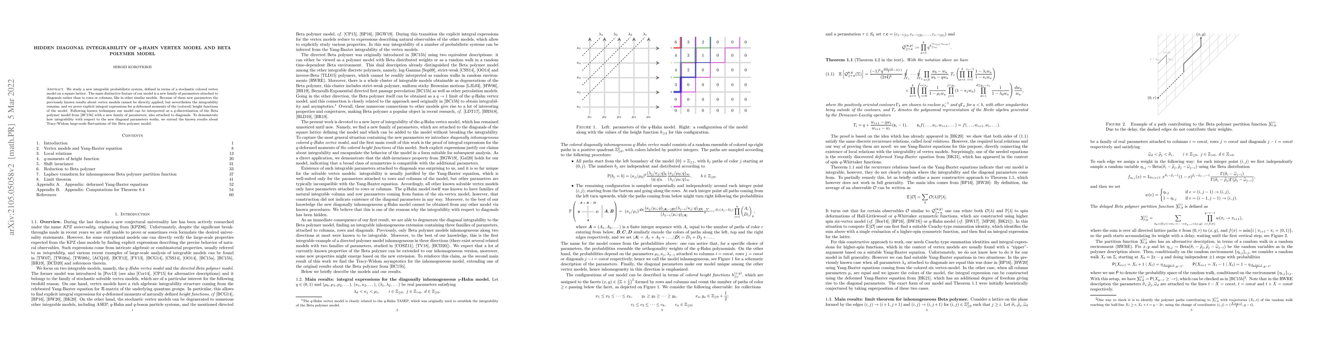 Thumbnail for Hidden diagonal integrability of $q$-Hahn vertex model and Beta polymer
  model