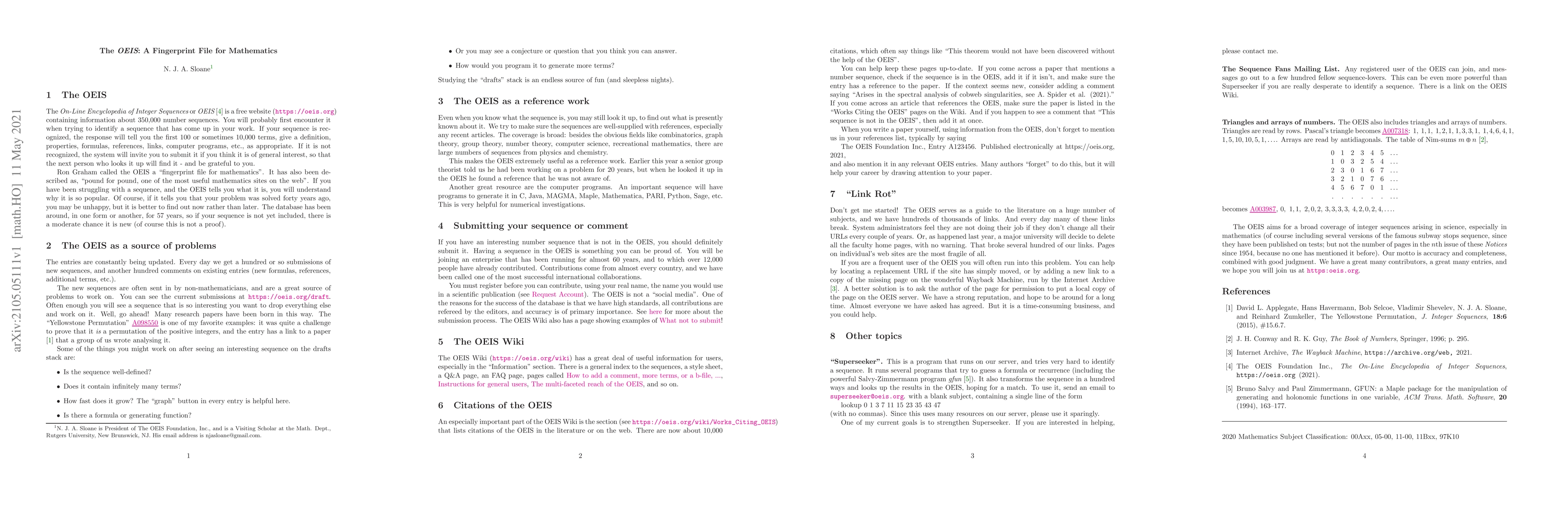 Thumbnail for The OEIS: A Fingerprint File for Mathematics