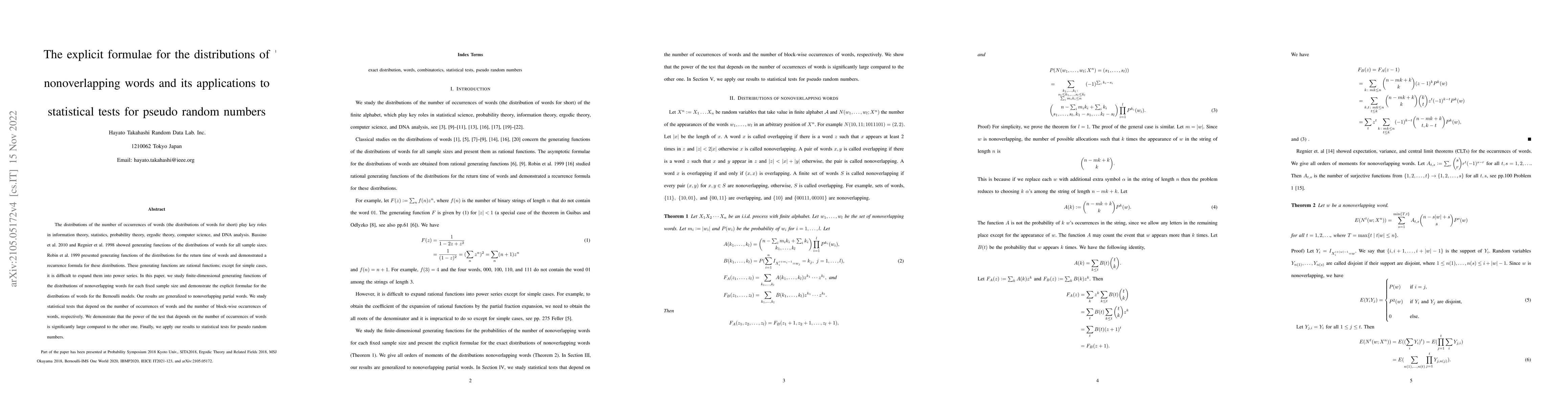 Thumbnail for The explicit formulae for the distributions of nonoverlapping words and
  its applications to statistical tests for pseudo random numbers