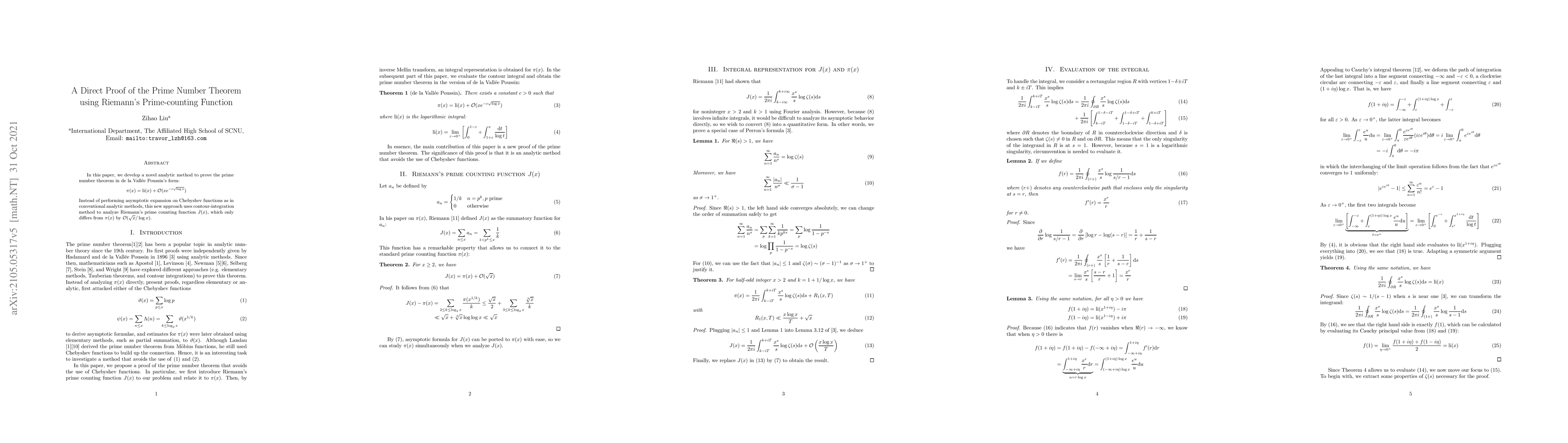 Thumbnail for A Direct Proof of the Prime Number Theorem using Riemann's
  Prime-counting Function