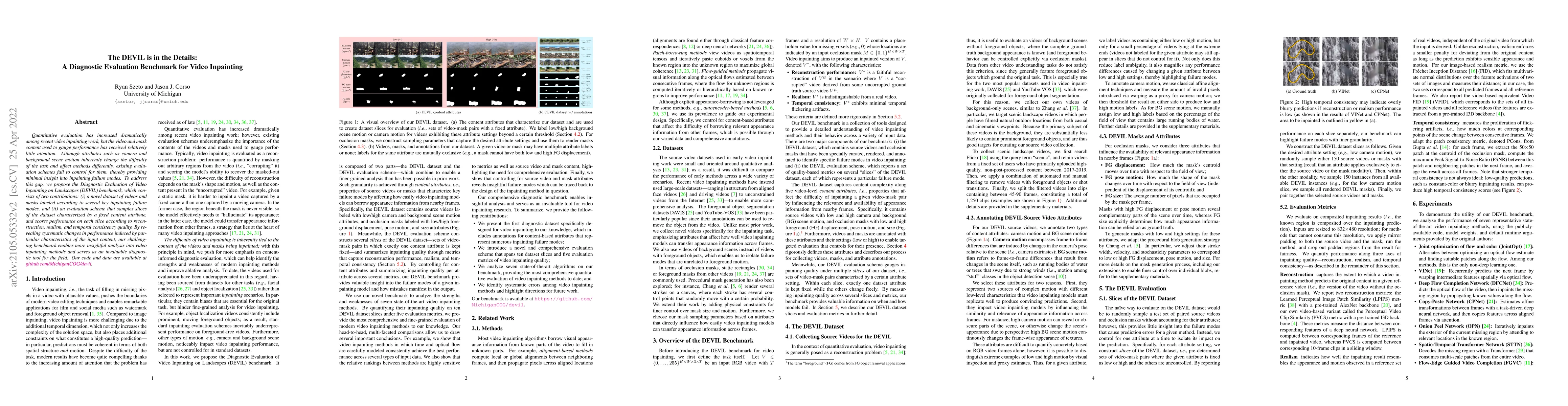 Thumbnail for The DEVIL is in the Details: A Diagnostic Evaluation Benchmark for Video
  Inpainting