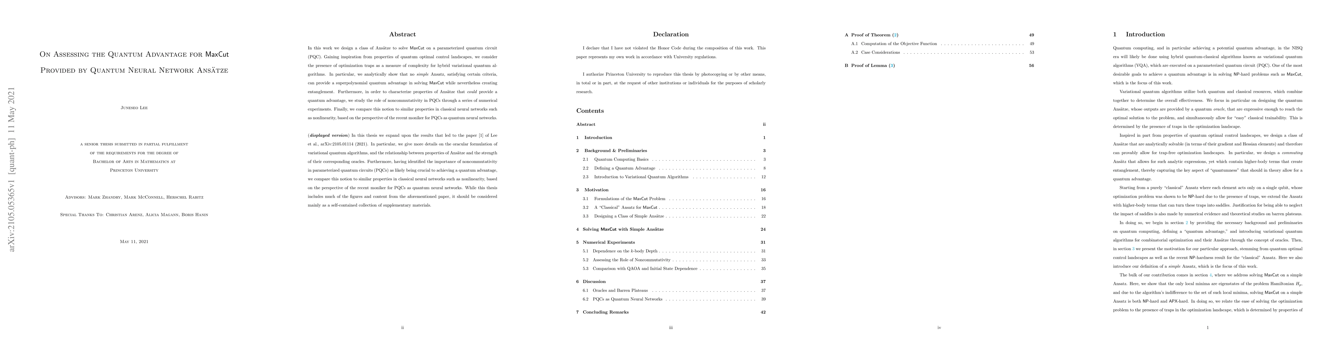 Thumbnail for On Assessing the Quantum Advantage for MaxCut Provided by Quantum Neural
  Network Ans\"atze