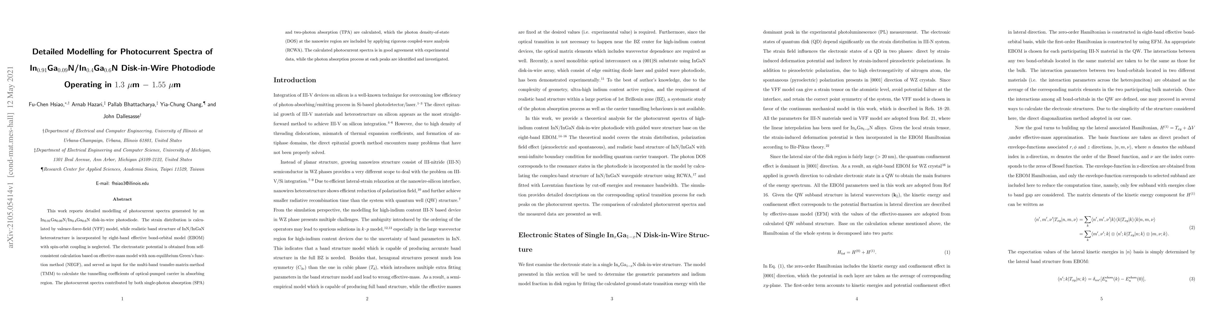 Thumbnail for Modeling Photocurrent Spectra of
  In$_{0.91}$Ga$_{0.09}$N/In$_{0.4}$Ga$_{0.6}$N Disk-in-Wire Photodiode on
  Silicon for $1.3$ $\mu$m $-$ $1.55$ $\mu$m Operation