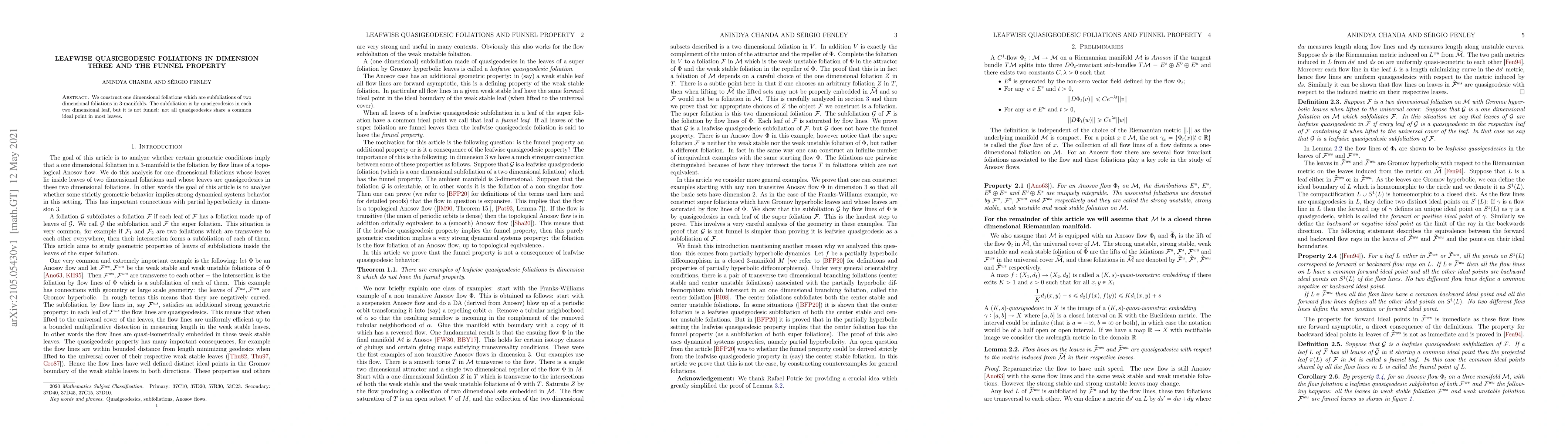 Thumbnail for Leafwise Quasigeodesic Foliation in Dimension Three and the Funnel
  Property