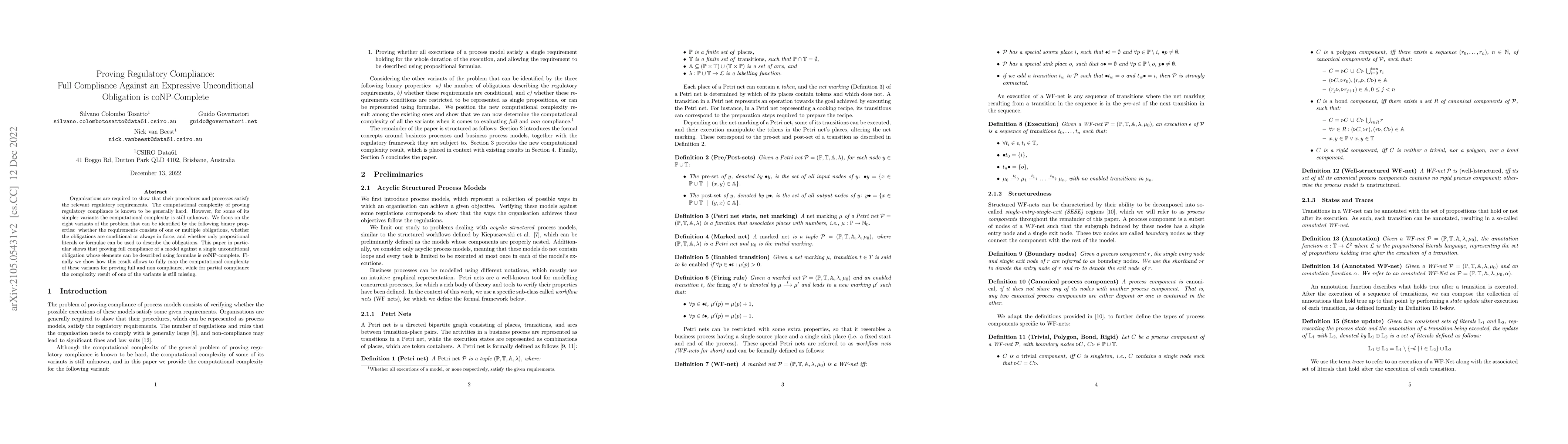 Thumbnail for Proving Regulatory Compliance: Full Compliance Against an Expressive
  Unconditional Obligation is coNP-Complete