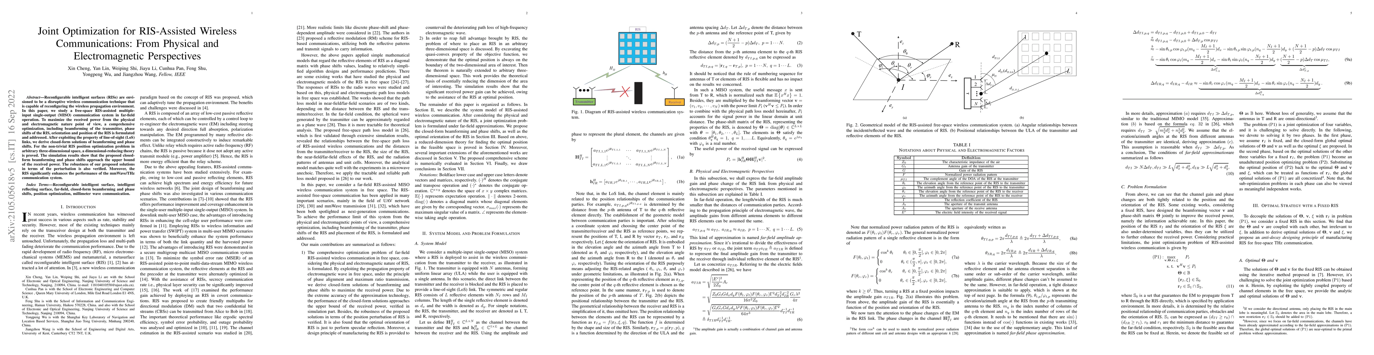 Thumbnail for Joint Optimization for RIS-Assisted Wireless Communications: From
  Physical and Electromagnetic Perspectives