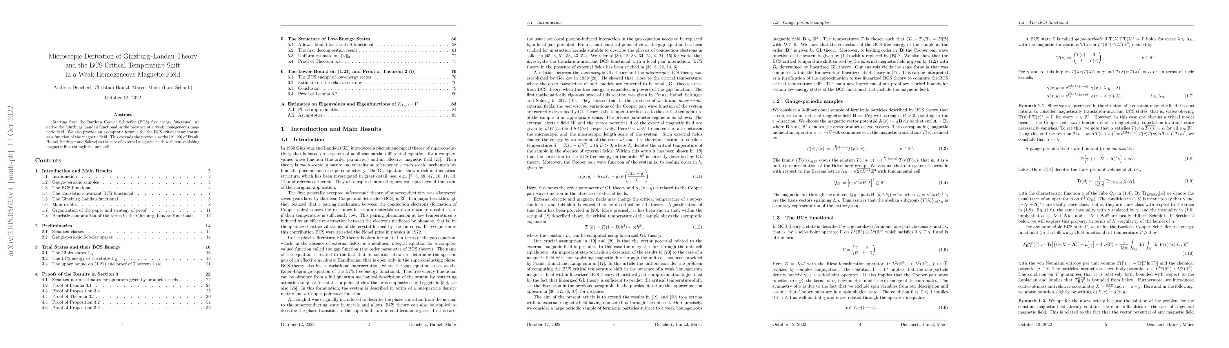 Thumbnail for Microscopic Derivation of Ginzburg-Landau Theory and the BCS Critical
  Temperature Shift in a Weak Homogeneous Magnetic Field