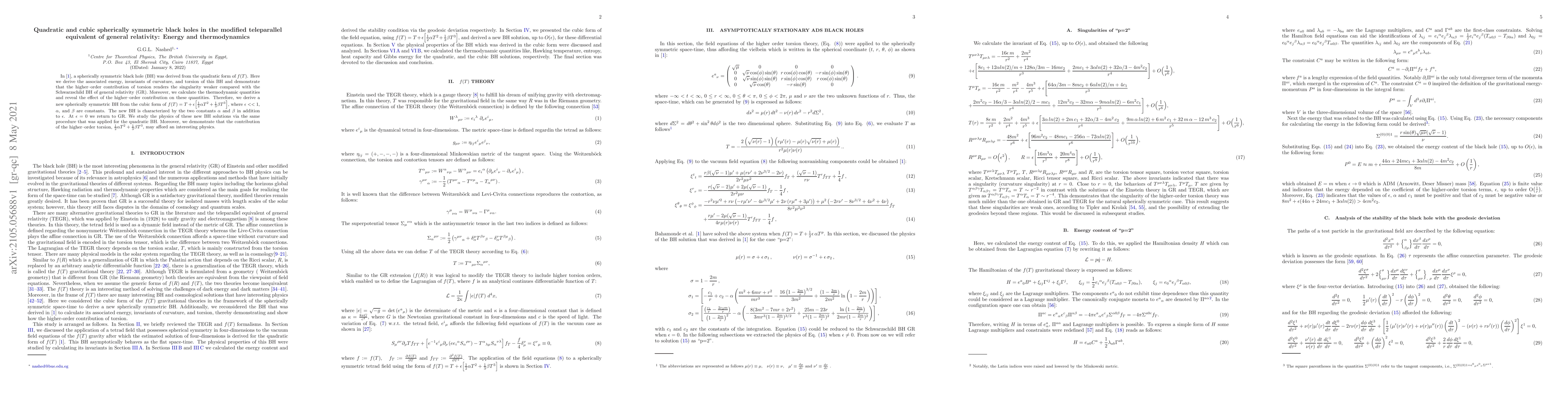 Thumbnail for Quadratic and cubic spherically symmetric black holes in the modified
  teleparallel equivalent of general relativity: Energy and thermodynamics