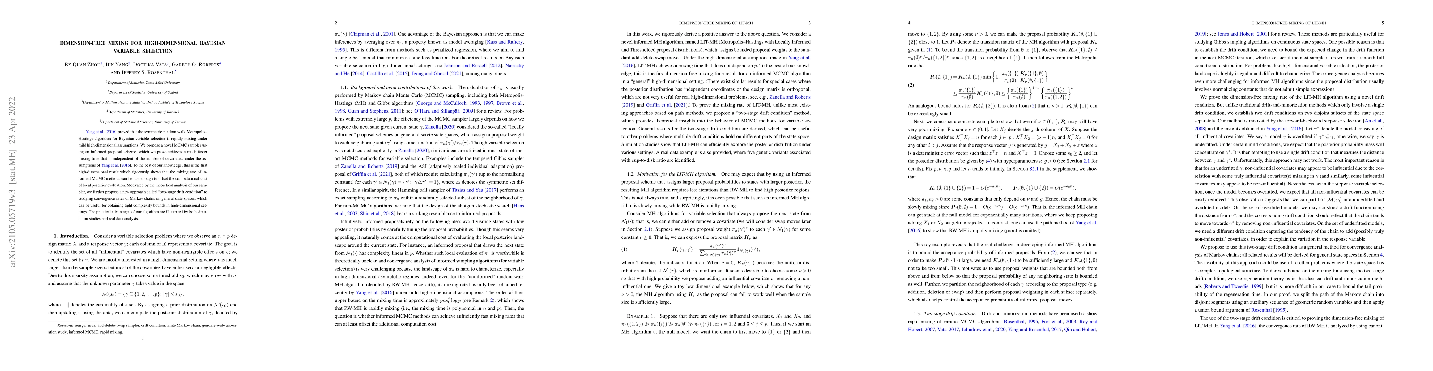 Thumbnail for Dimension-free Mixing for High-dimensional Bayesian Variable Selection