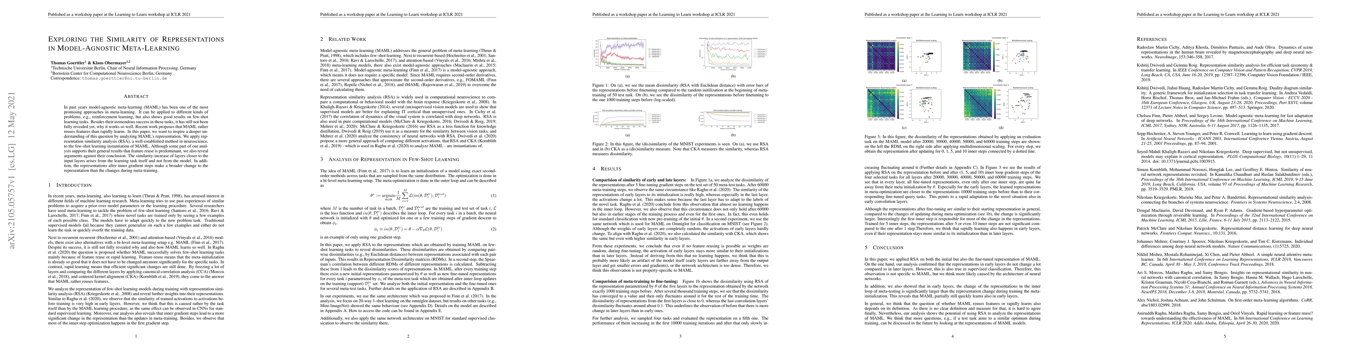 Thumbnail for Exploring the Similarity of Representations in Model-Agnostic
  Meta-Learning
