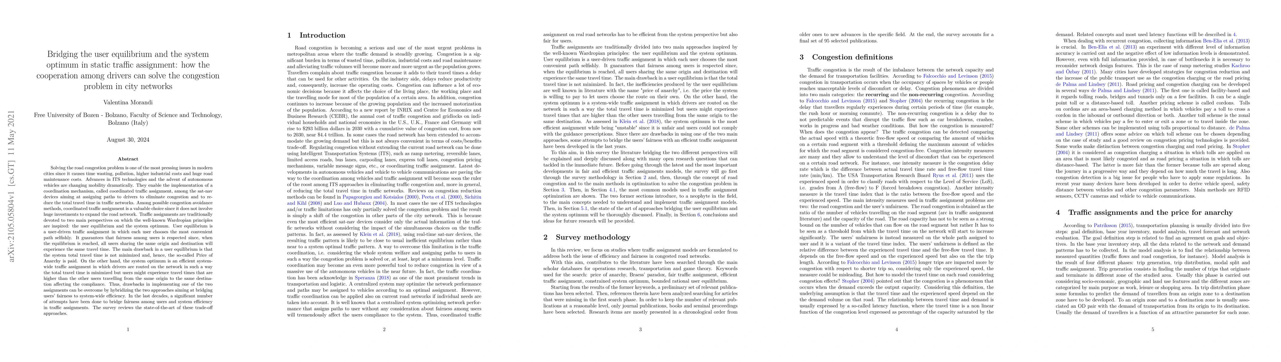 Thumbnail for Bridging the user equilibrium and the system optimum in static traffic
  assignment: how the cooperation among drivers can solve the congestion
  problem in city networks