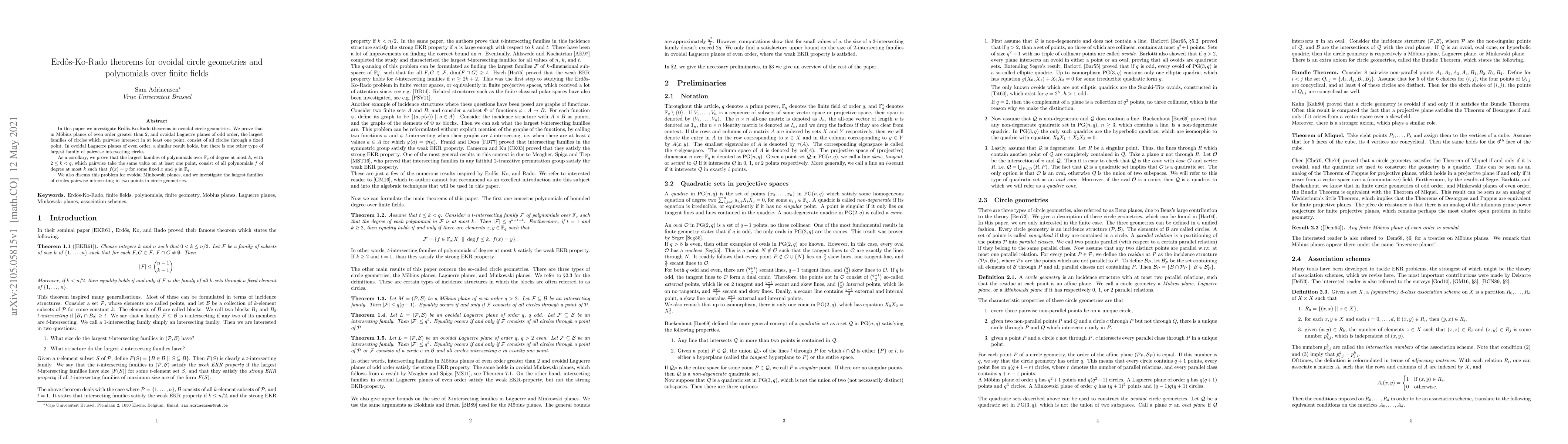 Thumbnail for Erd\H{o}s-Ko-Rado theorems for ovoidal circle geometries and polynomials
  over finite fields