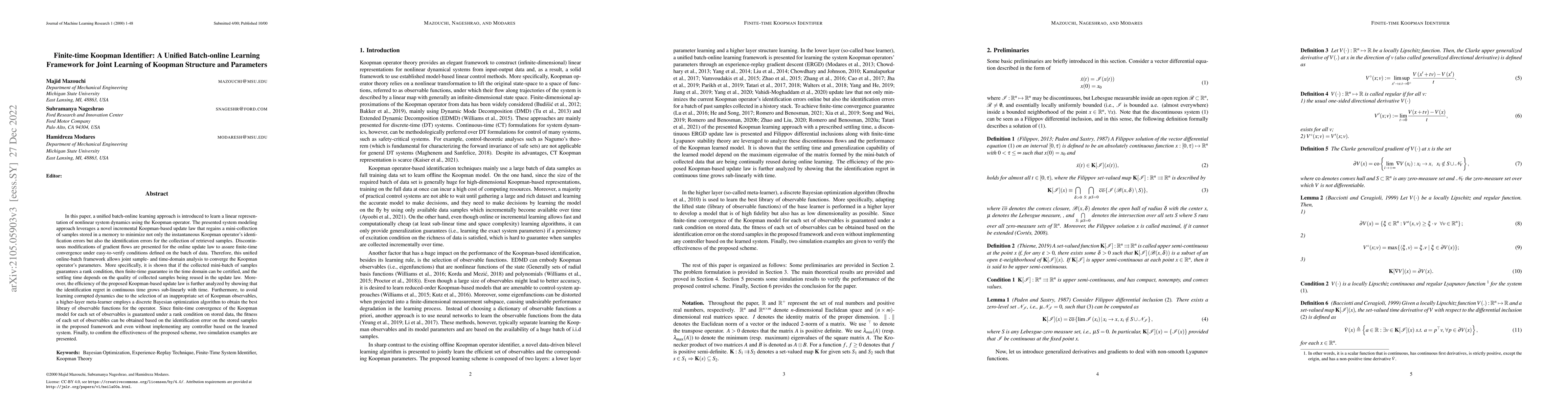 Thumbnail for Finite-time Koopman Identifier: A Unified Batch-online Learning
  Framework for Joint Learning of Koopman Structure and Parameters