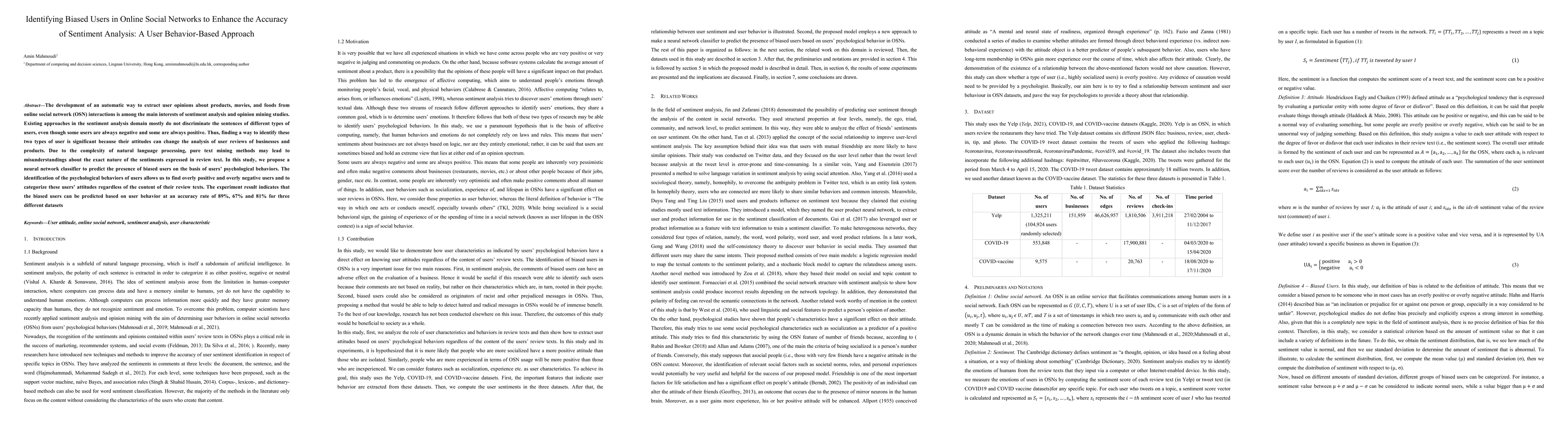 Thumbnail for Identifying Biased Users in Online Social Networks to Enhance the
  Accuracy of Sentiment Analysis: A User Behavior-Based Approach