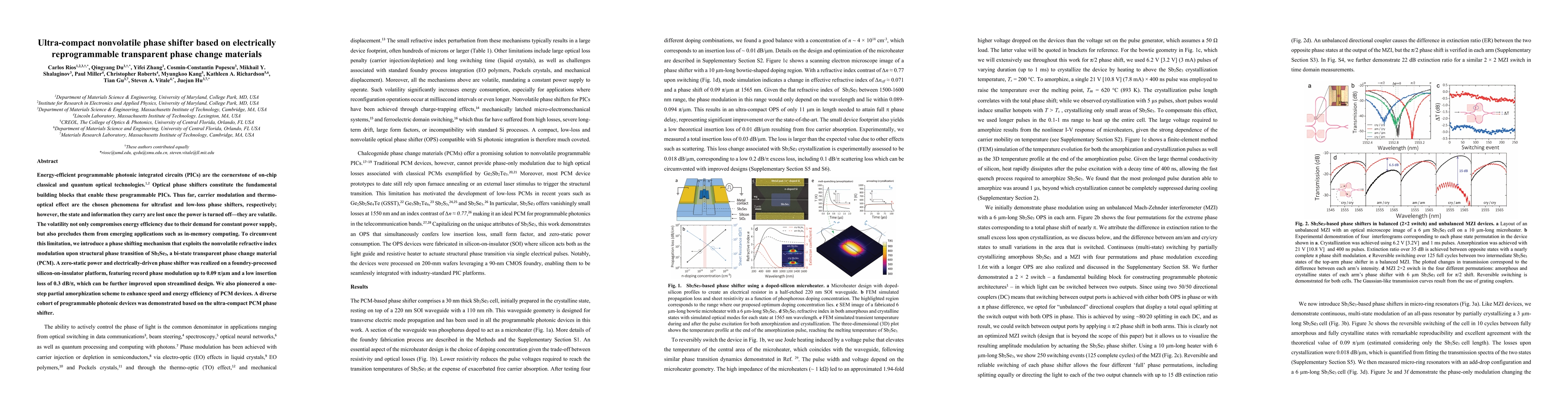 Thumbnail for Ultra-compact nonvolatile phase shifter based on electrically
  reprogrammable transparent phase change materials
