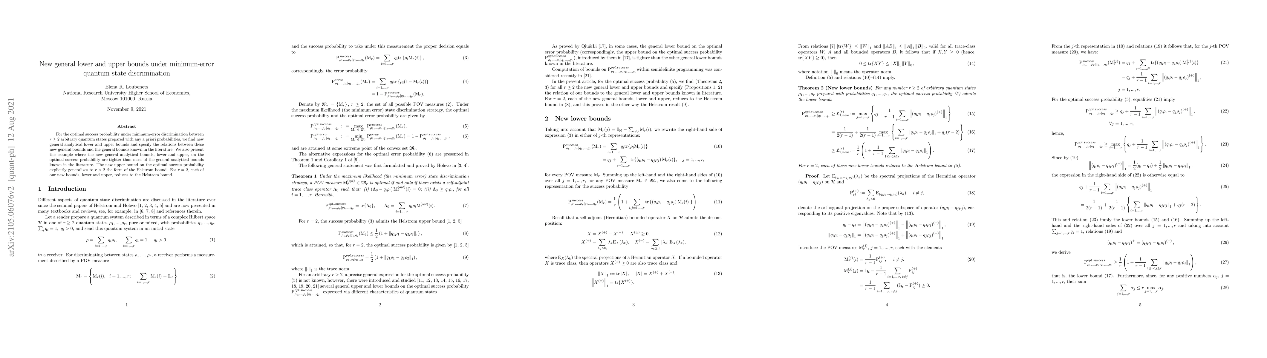 Thumbnail for New general lower and upper bounds under minimum-error quantum state
  discrimination