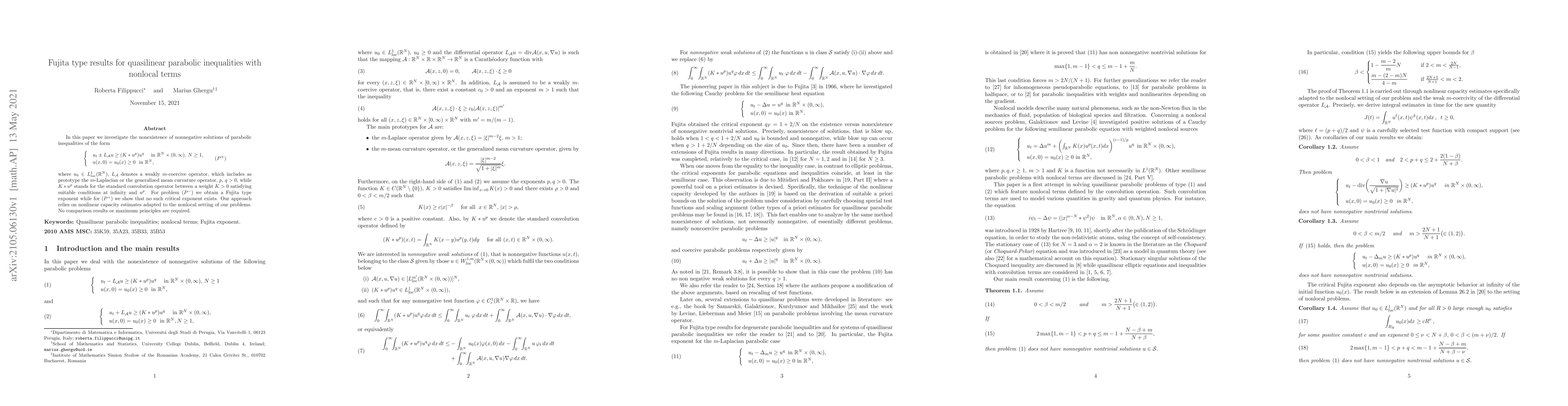 Thumbnail for Fujita type results for quasilinear parabolic inequalities with nonlocal
  terms