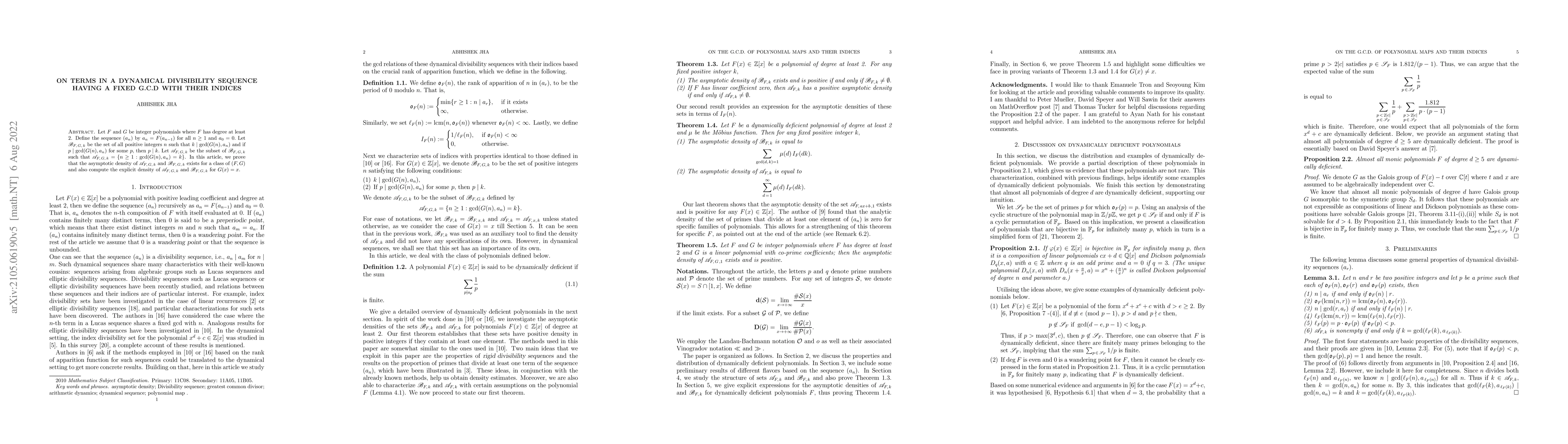 Thumbnail for On terms in a dynamical divisibility sequence having a fixed G.C.D with
  their indices