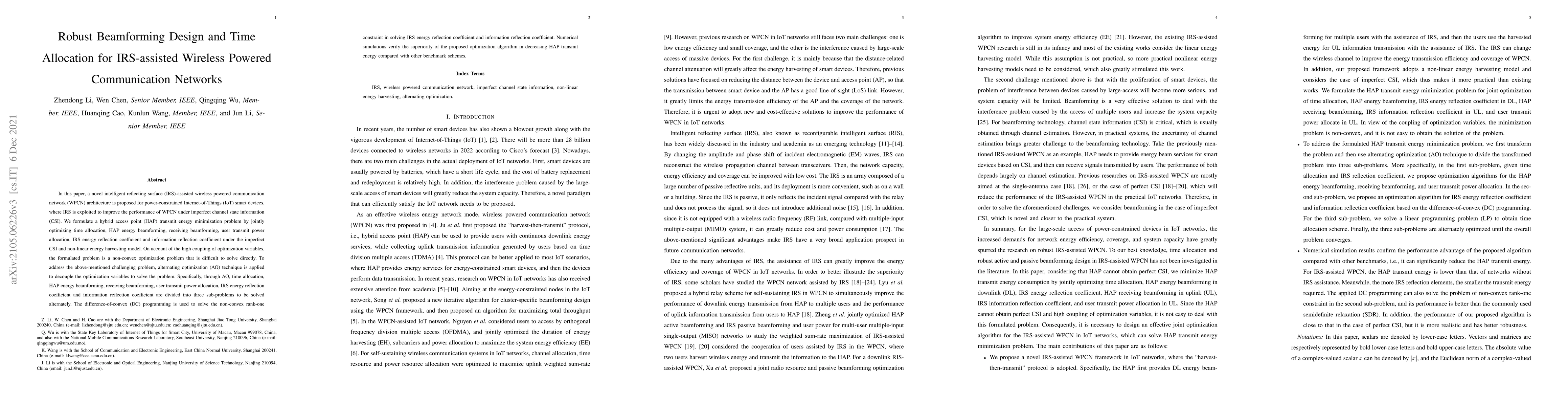 Thumbnail for Robust Beamforming Design and Time Allocation for IRS-assisted Wireless
  Powered Communication Networks