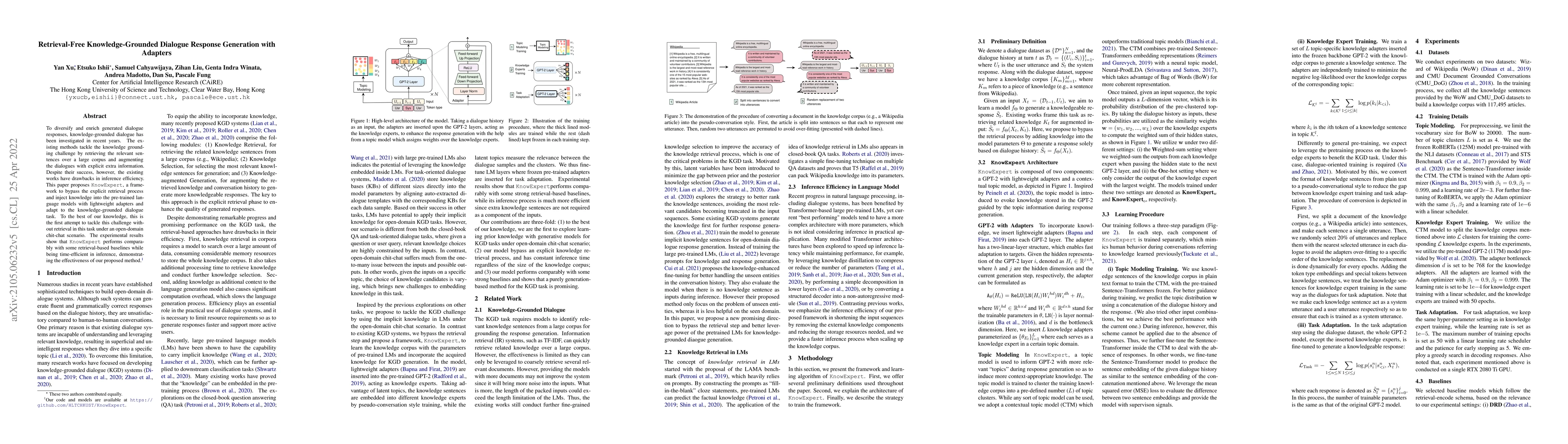 Thumbnail for Retrieval-Free Knowledge-Grounded Dialogue Response Generation with
  Adapters