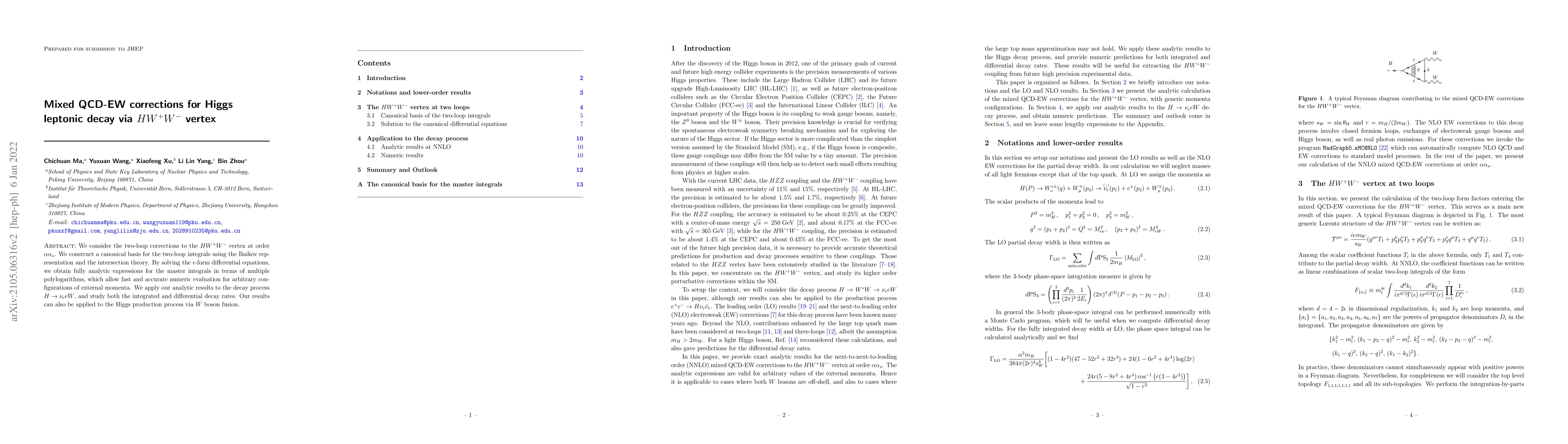 Thumbnail for Mixed QCD-EW corrections for Higgs leptonic decay via $HW^+W^-$ vertex