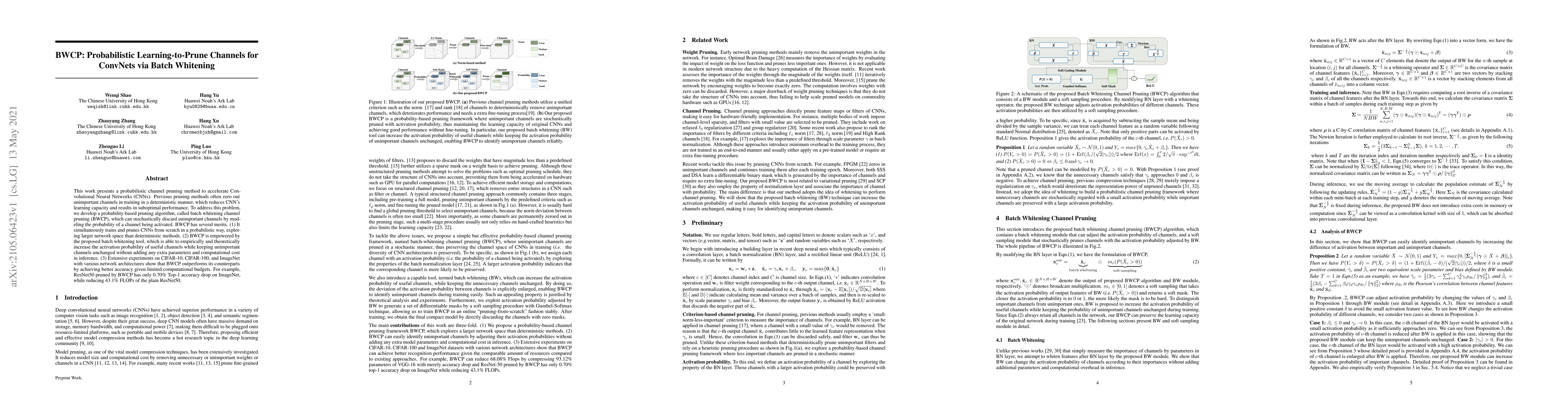Thumbnail for BWCP: Probabilistic Learning-to-Prune Channels for ConvNets via Batch
  Whitening