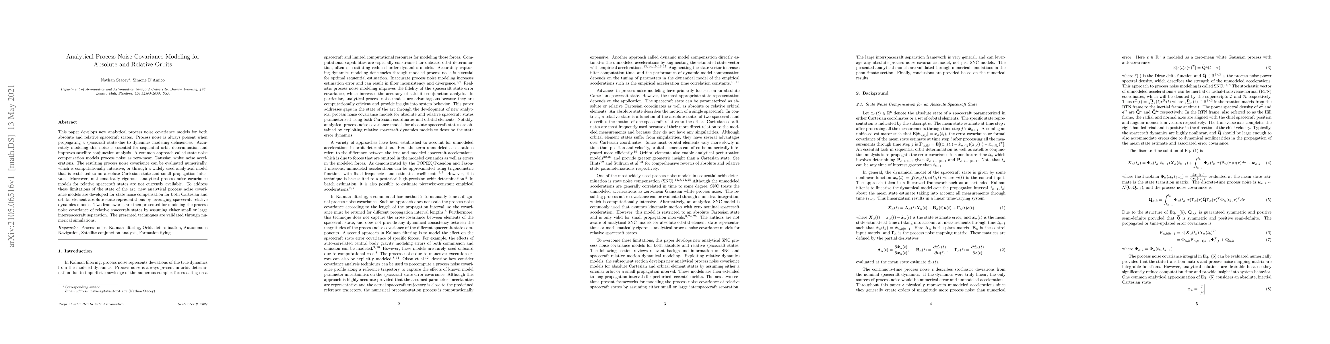 Thumbnail for Analytical Process Noise Covariance Modeling for Absolute and Relative
  Orbits