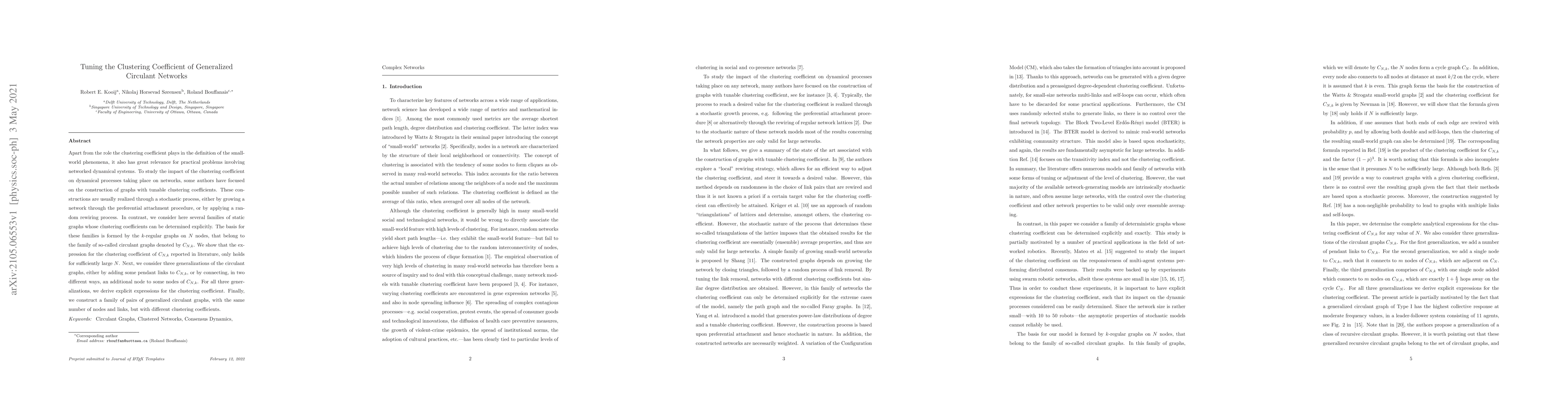 Thumbnail for Tuning the Clustering Coefficient of Generalized Circulant Networks