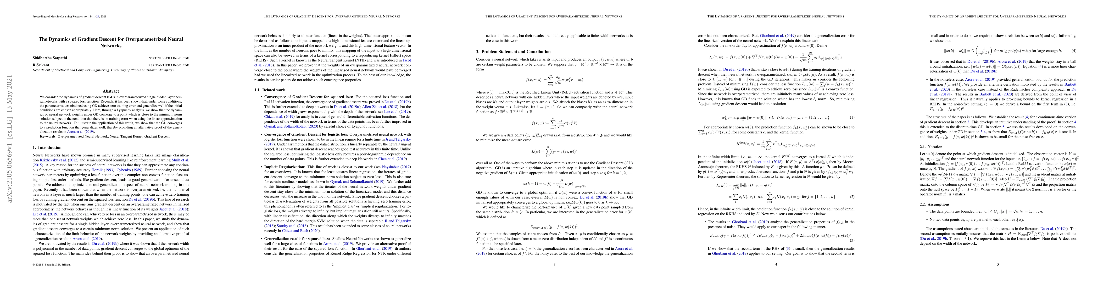Thumbnail for The Dynamics of Gradient Descent for Overparametrized Neural Networks