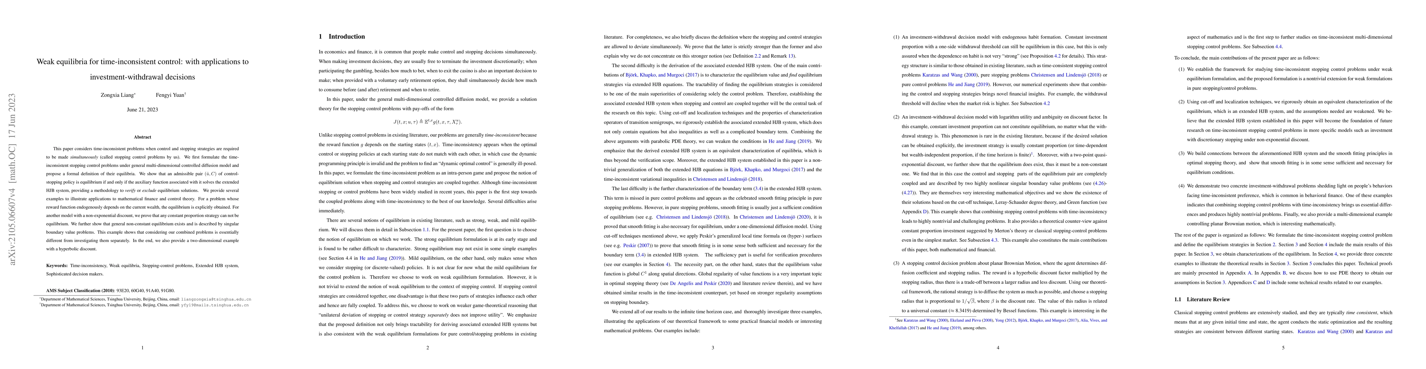 Thumbnail for Weak equilibria for time-inconsistent control: with applications to
  investment-withdrawal decisions