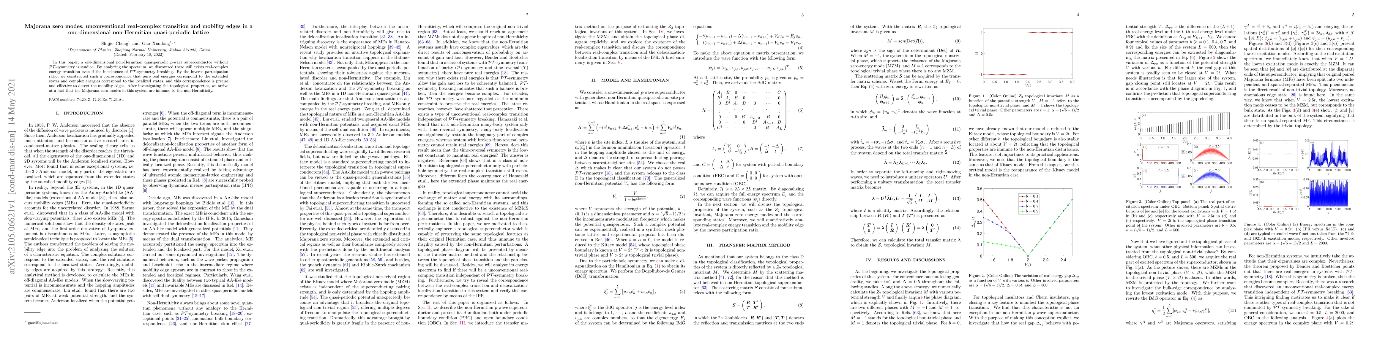 Thumbnail for Majorana zero modes, unconventional real-complex transition and mobility
  edges in a one-dimensional non-Hermitian quasi-periodic lattice