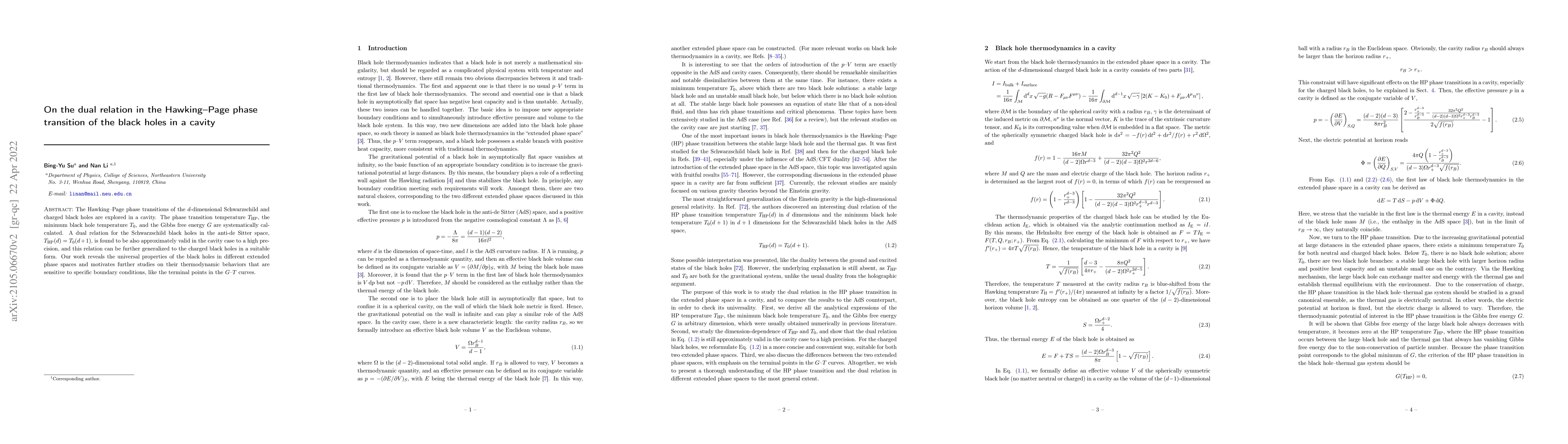 Thumbnail for On the dual relation in the Hawking--Page phase transition of the black
  holes in a cavity
