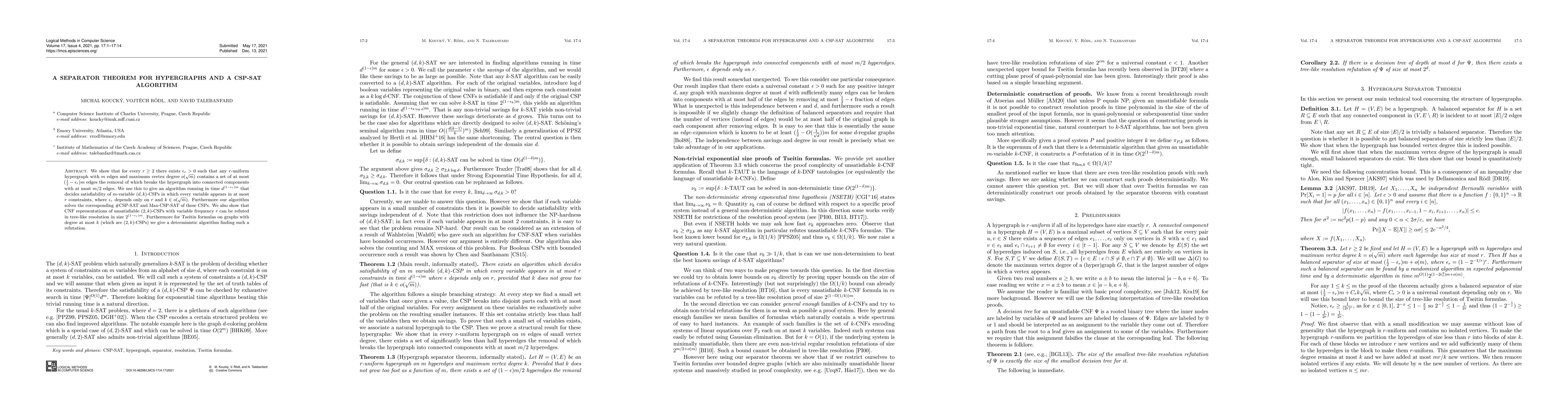 Thumbnail for A Separator Theorem for Hypergraphs and a CSP-SAT Algorithm